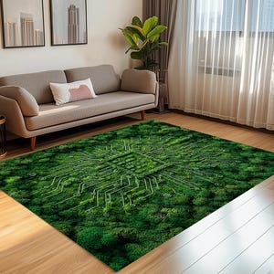 May include: A rectangular green rug featuring a white circuit board design. The rug is placed on a wooden floor in a living room, with a sofa and window in the background. The rug's design resembles a computer chip.