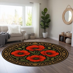 Runder Teppich mit Mohnblumenmuster: Goldfarbener Teppich