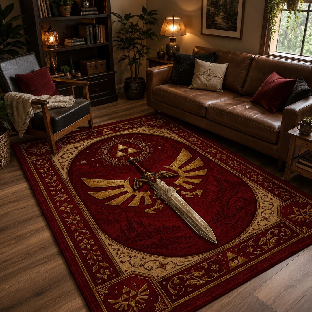 Zelda Sword Triforce Hyrule Crest Gamer Room Rug, Fantasy Adventure ...