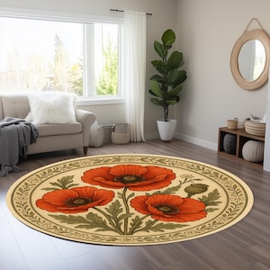 Runder Mohnblumenteppich im antiken botanischen Illustrationsstil