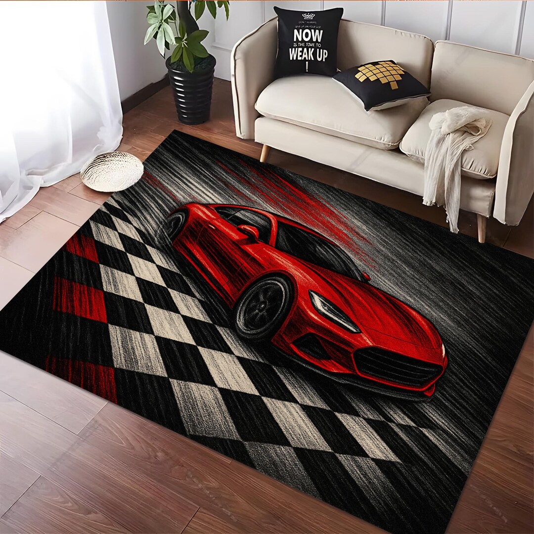 Car Brand Rug Red Race Car Area Rug, Checkered Flag, Kids Room Decor - Etsy