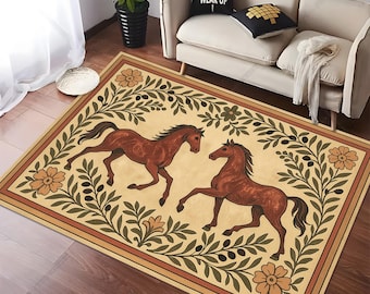 Traditional Horses Floral Area Rug: Mediterranean Home Decor