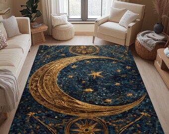 Moon Tarot Card Area Rug: Ornate Mosaic Crescent Design