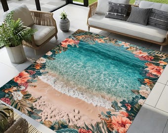 Floral Beach Area Rug: Coastal Ocean Wave Decor