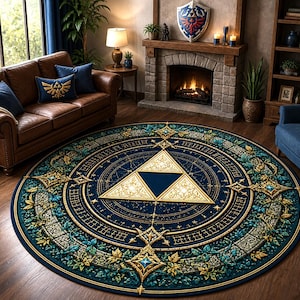 May include: A circular navy blue rug with a gold and teal geometric design. The rug features a central triangle emblem and a detailed border with floral and star patterns. The rug is placed on a wooden floor in a living room setting.