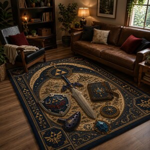May include: A rectangular area rug with a detailed design featuring a sword, shield, and other iconic elements. The rug has a blue border and a tan center with a map-like design. The rug is placed on a wooden floor in a living room setting.