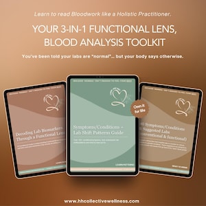 Puede incluir: Tres tabletas digitales que muestran contenido educativo sobre análisis de sangre. Las tabletas presentan títulos como "Decodificación de biomarcadores de laboratorio" y "Síntomas/Condiciones". La imagen incluye texto: "SU KIT DE HERRAMIENTAS DE ANÁLISIS DE SANGRE, LENTE FUNCIONAL 3 EN 1".