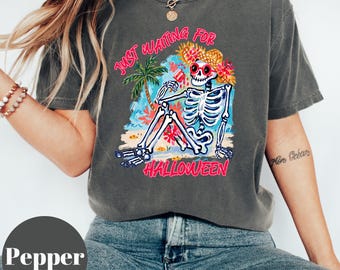 Just Waiting For Halloween Shirt, Beach Skeleton Summer Tee, Spooky Season Graphic, Funny Skull Outfit