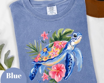 Sea Turtle Floral Shirt, Tropical Hibiscus Beach Tee, Cute Summer Ocean, Coastal Vacation Women Gift