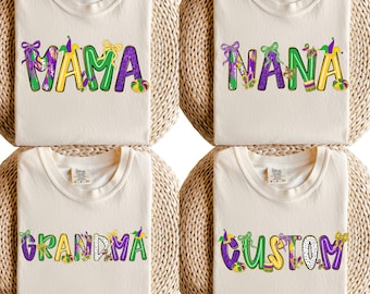 Mardi Gras Custom Name Family or Group Shirt, Personalized Mama Nana Grandma Sweatshirt, Carnival Party Matching Outfit
