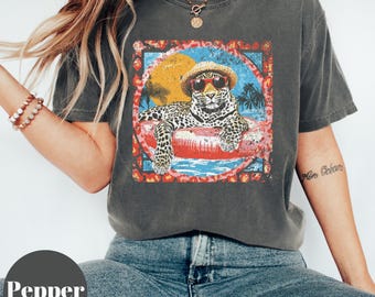 Girly Summer Vibes Tiger Shirt, Preppy Retro Leopard Pool Float Tee, Cute Beach Graphic