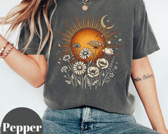Vintage Botanical Sun Moon Shirt, Celestial Wildflower Tee, Moody Floral Women Sweatshirt, Boho Cottagecore Gift, Minimalist Nature Graphic