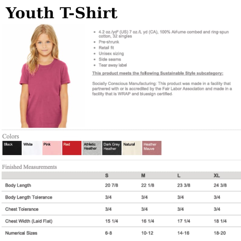 Puede incluir: Una camiseta rosa para j&oacute;venes, presentada por una persona joven. Fabricada en 100% algod&oacute;n peinado y hilado en anillo. La imagen muestra opciones de color y medidas, con una longitud de cuerpo de 53.0 cm para la talla S.