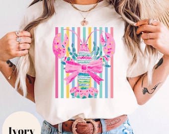 Pink Lobster Striped Shirt, Nantucket Preppy Tee, Colorful Summer Beach Vacation Graphic