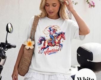 America Cowboy Rodeo Shirt, Patriotic Western Tee, Red White Blue Horse, 4th of July Women, Vintage USA Independence Day Gift