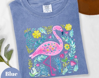 Pink Flamingo Floral Shirt, Boho Beach Vacation Tee, Colorful Tropical Summer Outfit