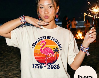 Flamingo 250 Years Freedom Shirt, 1776-2026 Anniversary Tee, Retro Summer Sunset, Tropical 4th of July