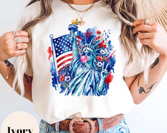Statue of Lady Liberty Shirt, Watercolor Bubblegum Tee, Floral Patriotic Graphic, Retro 4th of July, Cute Summer USA Gift