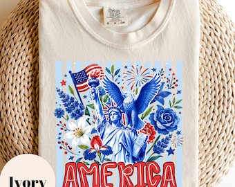America Floral Liberty Eagle Shirt, Summer Preppy Patriotic Tee, 4th of July Women, Memorial Day, Independence Day Gift