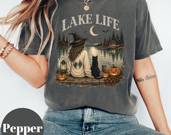 Dark Cottagecore Lake Life Shirt, Witchy Fall Sweatshirt, Black Cat Moon Cabin, Halloween Women, Cozy Spooky Gift