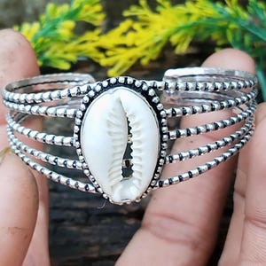Cowrie Shell 925 Statement Cuff Bracelet, in Silver Finish Adjustable Bracelet, Handmade Jewelry, Bohemian Tribal Style Silver Cuff Bracelet
