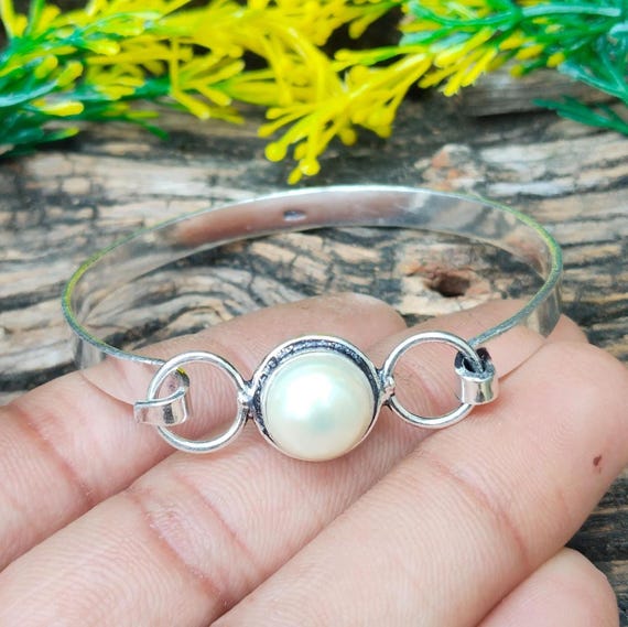 925 Sterling Silver Pearl Bangle Bracelet, Real Pearl Cuff Classic