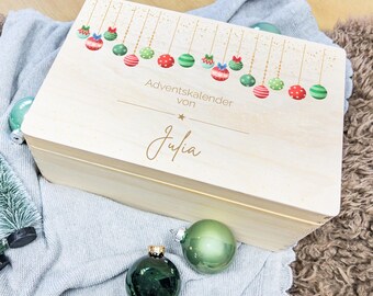 Personalisierter Holz Adventskalender Kugeln für Kinder & Erwachsene zum Befüllen - Holzkiste mit Namen Geschenk zur Weihnachtszeit