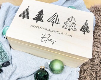 Personalisierter Holz Adventskalender Tannenbäume für Kinder & Erwachsene zum Befüllen - Holzkiste mit Namen Geschenk zur Weihnachtszeit