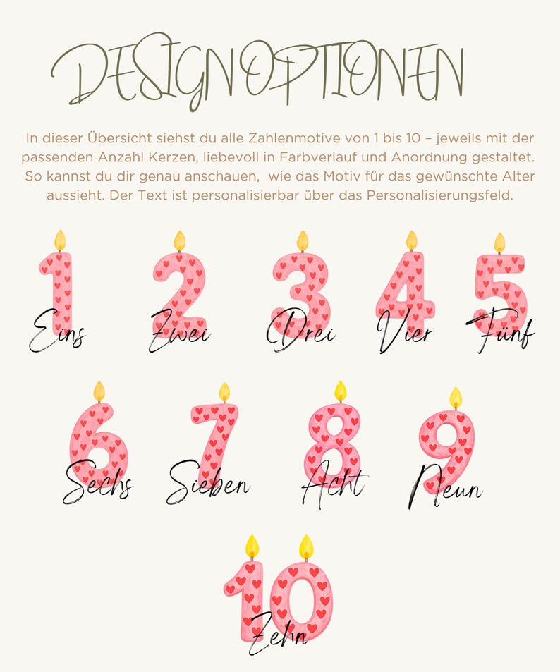 May include: A graphic featuring pink number candles from one to ten, each adorned with red hearts. The numbers are accompanied by their corresponding German words. The text "DESIGN OPTIONEN" is at the top.