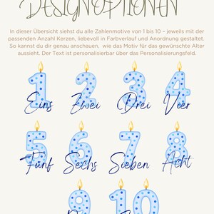 K&ouml;nnte beinhalten: Eine Design&uuml;bersicht mit den Zahlen eins bis zehn als hellblaue Kerzen mit dunkelblauen Punkten und brennenden Dochten. Jede Zahl ist mit dem entsprechenden deutschen Wort in einer dunkelblauen Schreibschrift kombiniert.