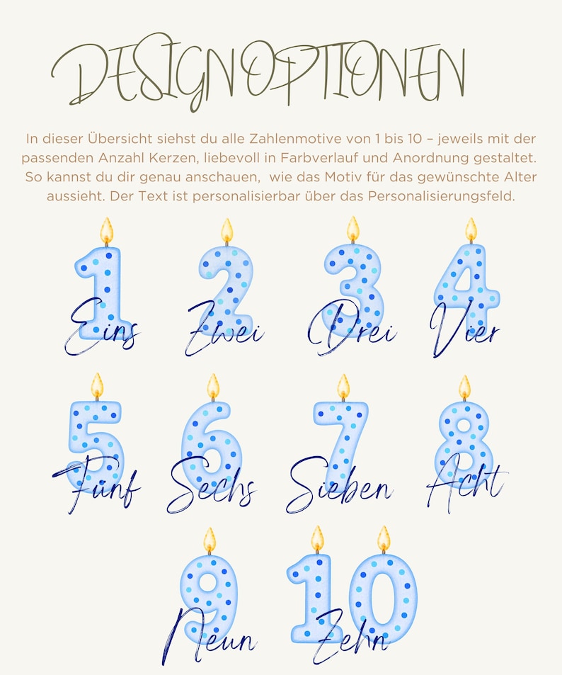 K&ouml;nnte beinhalten: Eine Design&uuml;bersicht mit den Zahlen eins bis zehn als hellblaue Kerzen mit dunkelblauen Punkten und brennenden Dochten. Jede Zahl ist mit dem entsprechenden deutschen Wort in einer dunkelblauen Schreibschrift kombiniert.