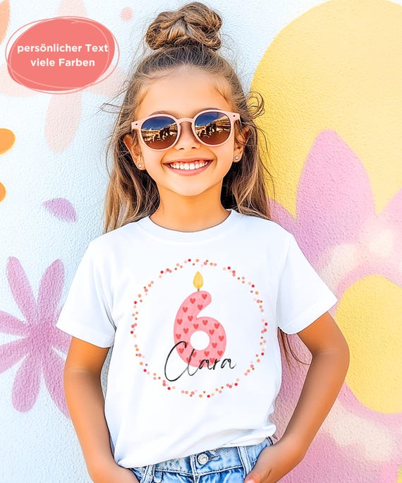 Geburtstagsshirt Kinder T Shirt 4 5 6 7 8 9 10 Jahre | personalisiert mit Name und Zahl | Geschenk Geburtstag Junge Mädchen – Herz Kerze