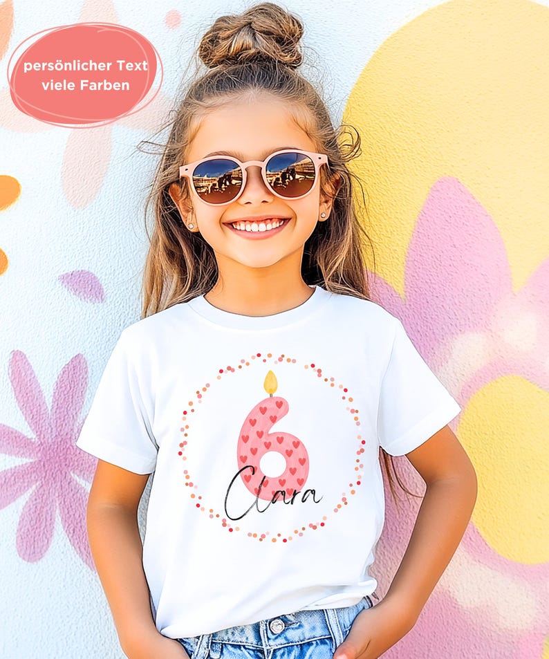 Geburtstagsshirt Kinder T Shirt 4 5 6 7 8 9 10 Jahre | personalisiert mit Name und Zahl | Geschenk Geburtstag Junge Mädchen – Herz Kerze bild 1