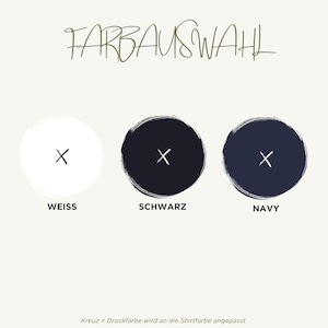 May include: Image showing color options for a product. The text "FARBAUSWAHL" is at the top. Below are three circles: white with a black "X", black with a white "X", and navy with a white "X". The text "WEISS", "SCHWARZ", and "NAVY" are below each circle.