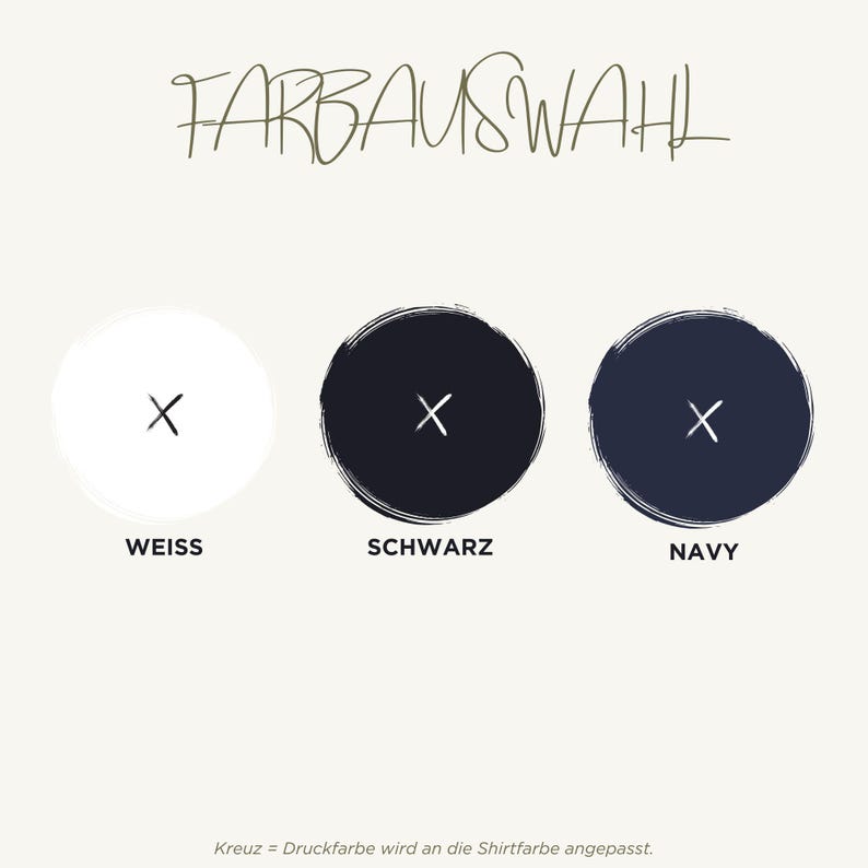May include: Image showing color options for a product. The text "FARBAUSWAHL" is at the top. Below are three circles: white with a black "X", black with a white "X", and navy with a white "X". The text "WEISS", "SCHWARZ", and "NAVY" are below each circle.