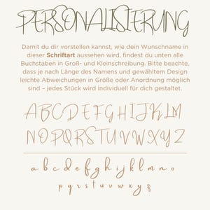 May include: A beige background with the word "PERSONALISIERUNG" in green script. Below, uppercase and lowercase alphabets in a handwritten style are displayed in brown, showcasing font options for personalized items.