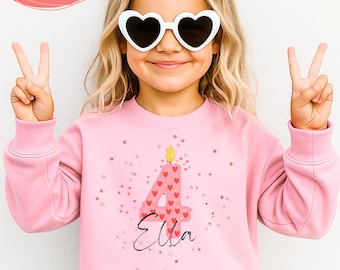 Geburtstagsshirt Kinder Sweatshirt personalisiert – Herz Zahlen-Kerze Pullover Jungen Mädchen Langarm Zahl 4 5 6 7 Geschenk Geburtstag