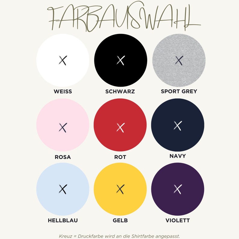 K&ouml;nnte beinhalten: Eine Farbauswahl-Tabelle mit der &Uuml;berschrift FARBAUSWAHL, die neun Kreise in Wei&szlig;, Schwarz, Sport Grey, Rosa, Rot, Navy, Hellblau, Gelb und Violett zeigt. Jeder Kreis enth&auml;lt ein kleines wei&szlig;es Kreuz. Unten steht: Kreuz = Druckfarbe wird an die Shirtfarbe angepasst.