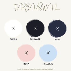 May include: Image showing five color options: white, black, navy, pink, and light blue. Each color is represented by a circle with a white 'X' inside. The text 'FARBAUSWAHL' is at the top, with German text at the bottom.