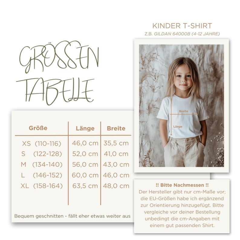 K&ouml;nnte beinhalten: Eine Gr&ouml;&szlig;entabelle f&uuml;r Kinder-T-Shirts mit Spalten f&uuml;r Gr&ouml;&szlig;e, L&auml;nge und Breite in Zentimetern. Die Tabelle enth&auml;lt die Gr&ouml;&szlig;en XS bis XL mit den entsprechenden Ma&szlig;en sowie eine visuelle Anleitung zum Messen eines T-Shirts.