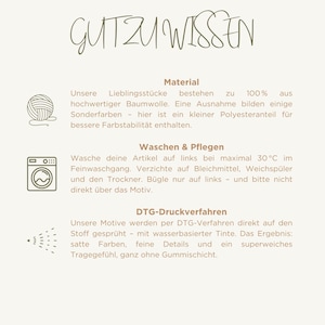 May include: A cream-colored informational graphic with the text "GUTZUWISSEN" at the top. The graphic details material composition, washing instructions, and DTG printing methods. Icons of yarn, a washing machine, and a spray nozzle are included.