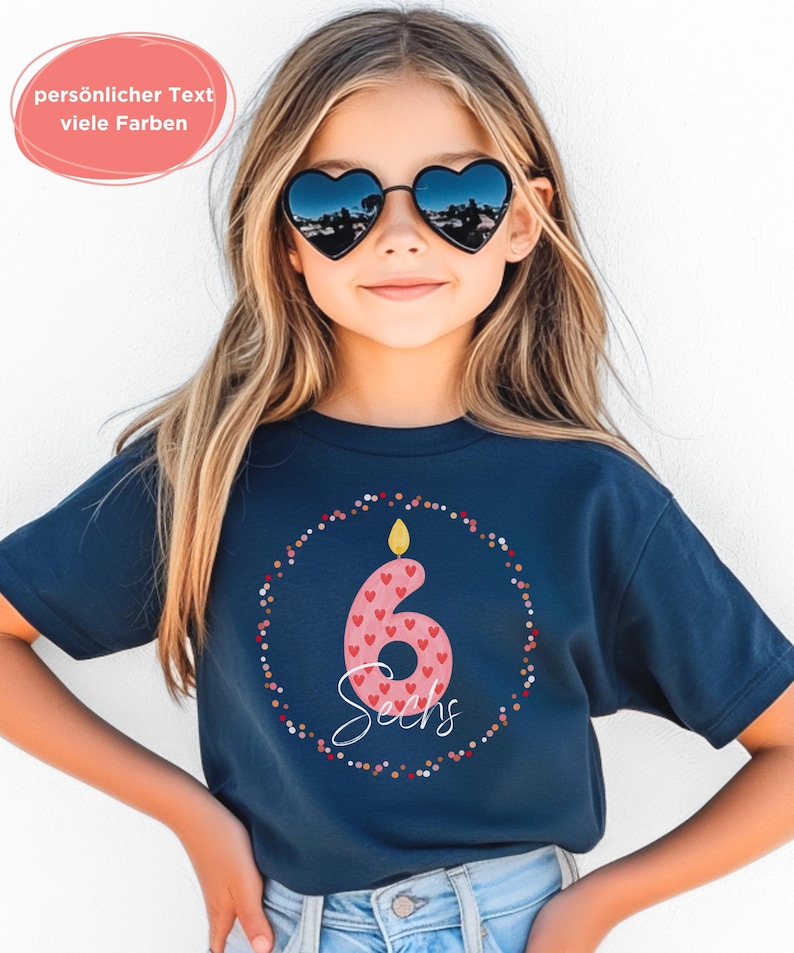 Geburtstagsshirt Kinder T Shirt 4 5 6 7 8 9 10 Jahre | personalisiert mit Name und Zahl | Geschenk Geburtstag Junge Mädchen – Herz Kerze bild 9