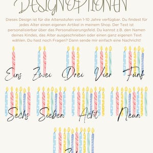 May include: Watercolor illustration featuring birthday candles numbered one through ten. Each candle has a different color scheme, including pink, blue, yellow, and green. The text "DESIGN OPTIONEN" is at the top, with additional text below describing the design's availability for ages 1-10.