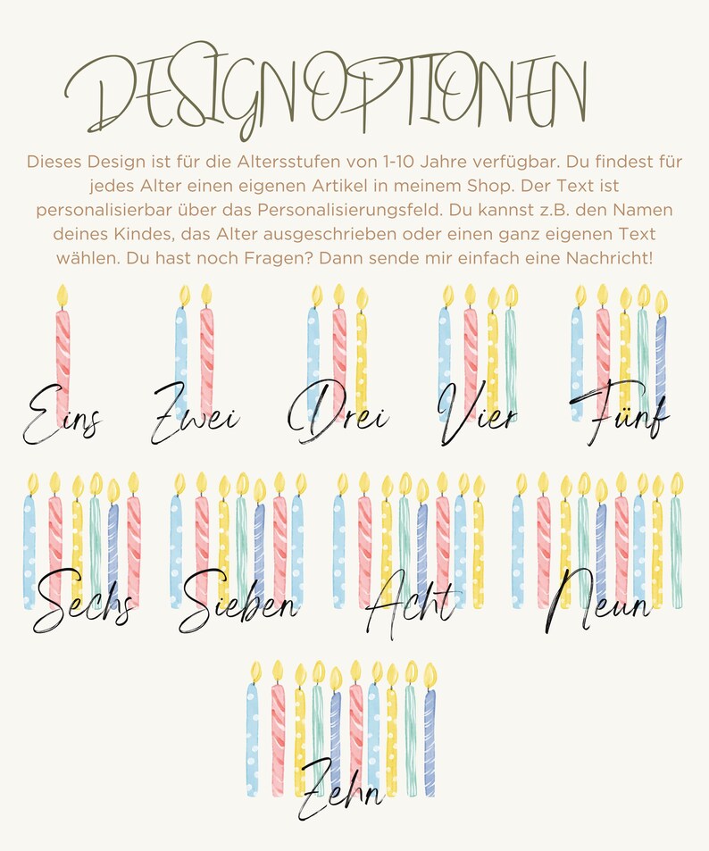 May include: Watercolor illustration featuring birthday candles numbered one through ten. Each candle has a different color scheme, including pink, blue, yellow, and green. The text "DESIGN OPTIONEN" is at the top, with additional text below describing the design's availability for ages 1-10.