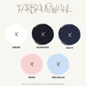 May include: Image showing a color selection guide with five color options: white, black, navy, pink, and light blue. Each color is presented within a circular brushstroke with a white 'X' mark. The text "FARBAUSWAHL" is at the top.