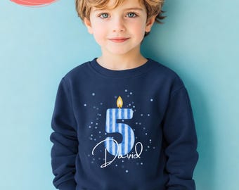 Geburtstagsshirt Kinder Sweatshirt personalisiert – Blaue Streifen Kerze Pullover Jungen Mädchen Langarm Zahl 5 6 7 8 Geschenk Geburtstag