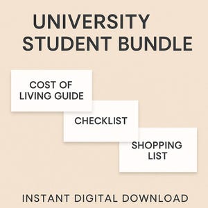 Puede incluir: Gráfico de descarga digital con el texto "UNIVERSITY STUDENT BUNDLE". El paquete incluye una "GUÍA DE COSTO DE VIDA", una "LISTA DE VERIFICACIÓN" y una "LISTA DE COMPRAS". También se incluye el texto "DESCARGA DIGITAL INSTANTÁNEA".
