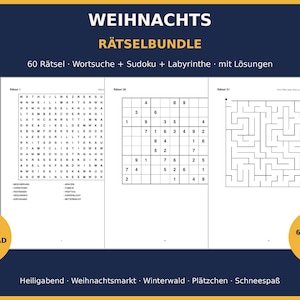 Lot de puzzles de Noël : 60 puzzles PDF | Mots mêlés, Sudoku, Labyrinthe | Téléchargement instantané | Activités de l'Avent pour les familles, les seniors et les enfants