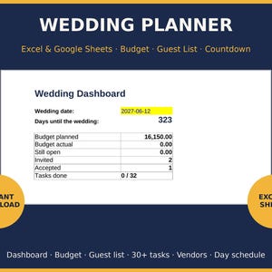 Könnte beinhalten: Eine digitale Hochzeitsplaner-Vorlage für Excel und Google Sheets mit einem Hochzeits-Dashboard, das Felder für Hochzeitsdatum, Budget, Gästeliste und Aufgabenverfolgung enthält. Die Oberfläche zeigt einen Countdown von 323 Tagen an.