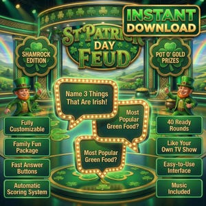 Könnte beinhalten: Digitales St. Patrick's Day Feud-Spiel mit grünem und goldenem Thema. Es zeigt einen Leprechaun, Kleeblätter und Sprechblasen mit Fragen wie "Nennen Sie 3 irische Dinge!" und "Beliebtestes grünes Essen?"